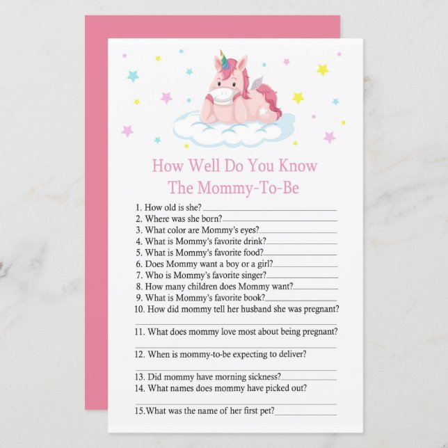 Unicorne Connaissez-vous bien le baby shower (Devant / Derrière)