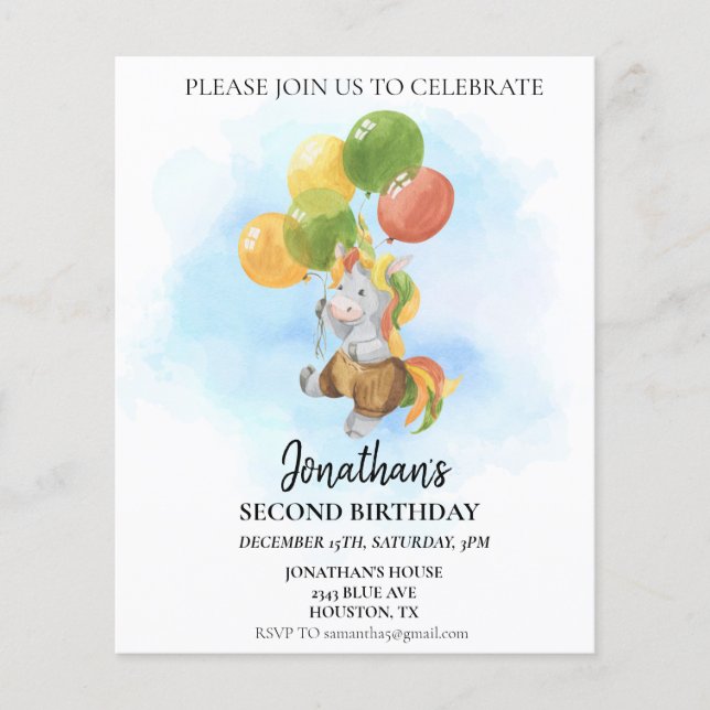 Unicorne d'anniversaire avec ballons aquarelle (Devant)