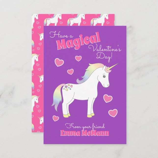 Unicorne Enfants Classroom Valentine Cartes (Devant / Derrière)