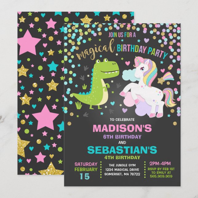 Unicorne Et Dinosaure Anniversaire Invitation Frèr (Devant / Derrière)