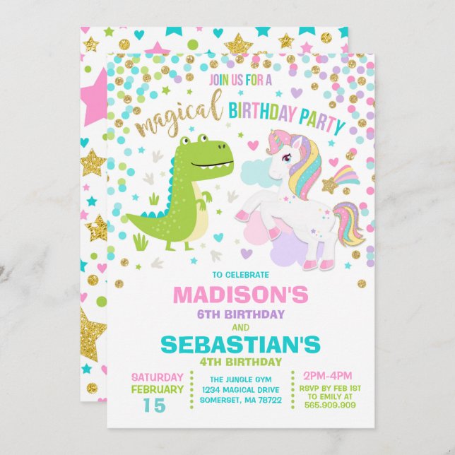 Unicorne Et Dinosaure Anniversaire Invitation Frèr (Devant / Derrière)