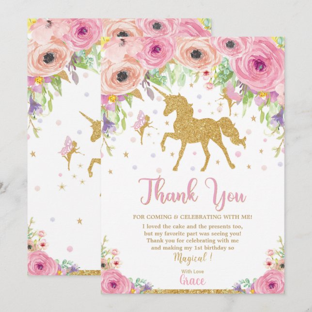 Unicorne et Fairy Birthday Merci carte de note (Devant / Derrière)