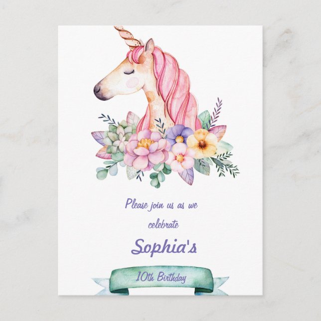 Unicorne et Fleurs Enfants Invitation Anniversaire (Devant)