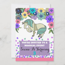 Unicorne et fleurs invitation anniversaire fille