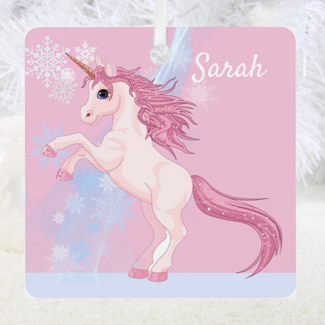 Unicorne et neige Ajouter le nom Ornement en métal (Créateur téléchargé)