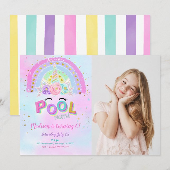 Unicorne et piscine Anniversaire Photo Invitation (Devant / Derrière)