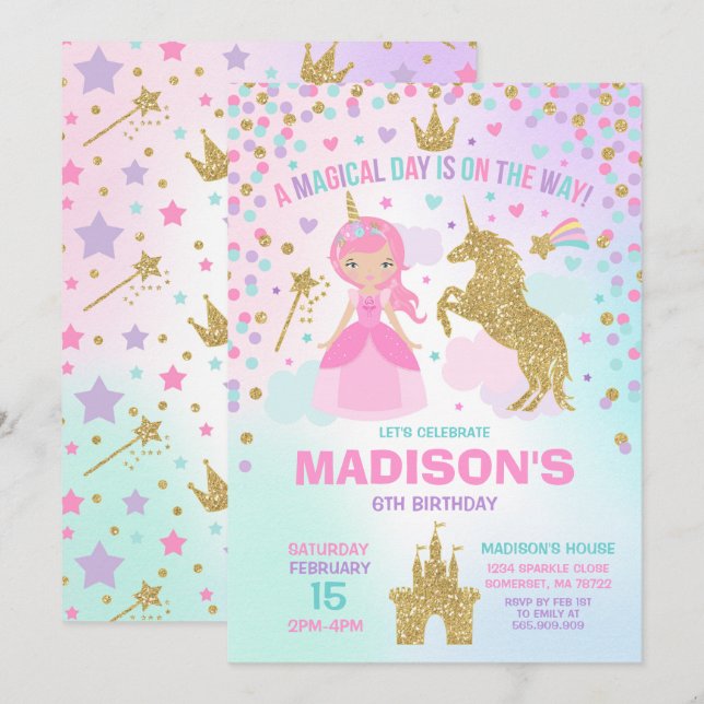 Unicorne Et Princesse Invitation Magique Anniversa (Devant / Derrière)