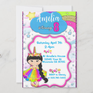Unicorne filles 8e anniversaire invitation de fête