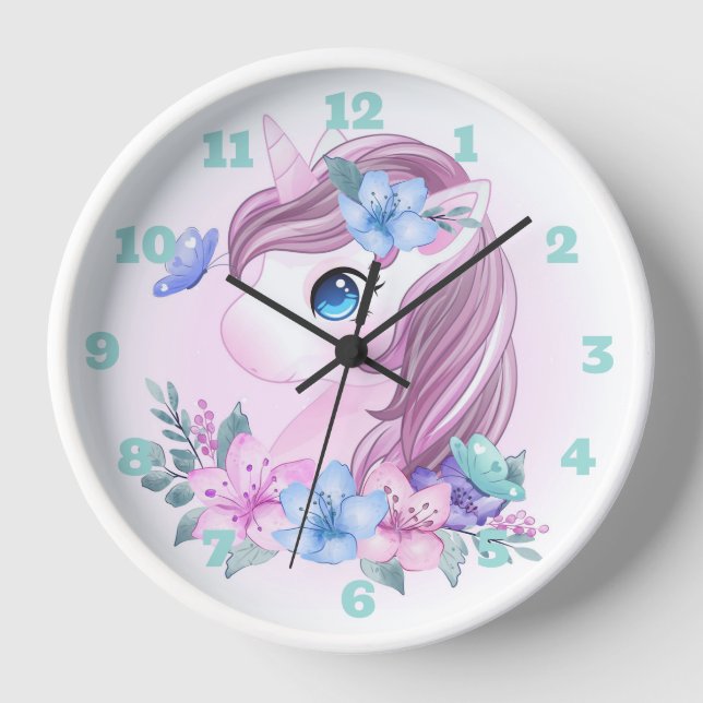 Unicorne, Fleurs et Papillons Grande horloge (Recto)
