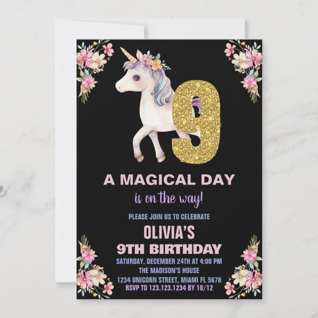 Unicorne florale Invitations d'anniversaire (Devant)