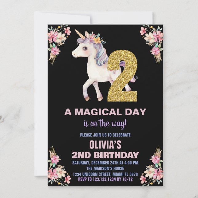 Unicorne florale Invitations d'anniversaire (Devant)