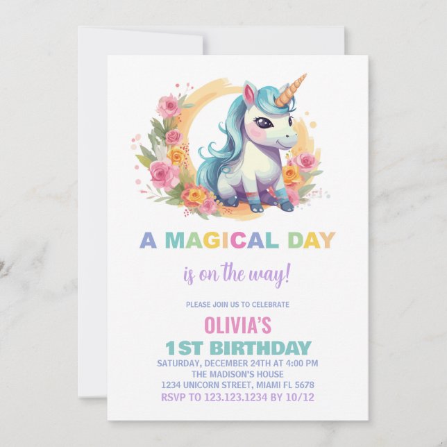 Unicorne florale Invitations d'anniversaire (Devant)