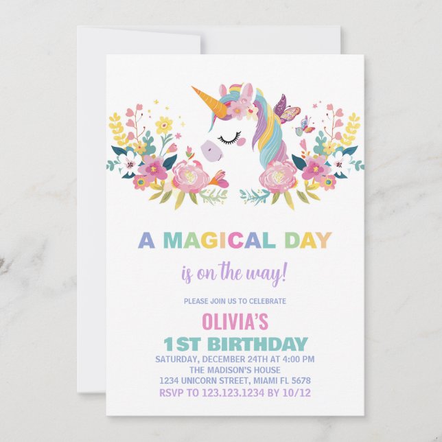 Unicorne florale Invitations d'anniversaire (Devant)