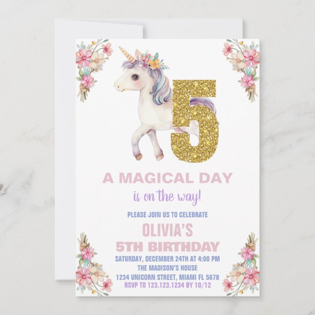 Unicorne florale Invitations d'anniversaire (Devant)