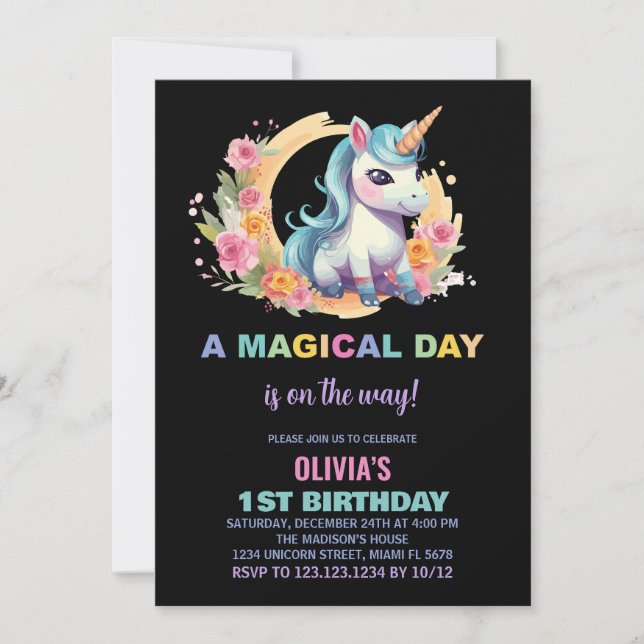 Unicorne florale Invitations d'anniversaire (Devant)