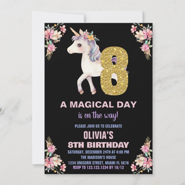 Unicorne florale Invitations d'anniversaire (Devant)