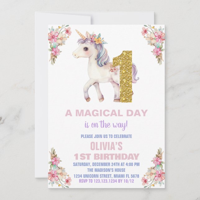 Unicorne florale Invitations d'anniversaire (Devant)