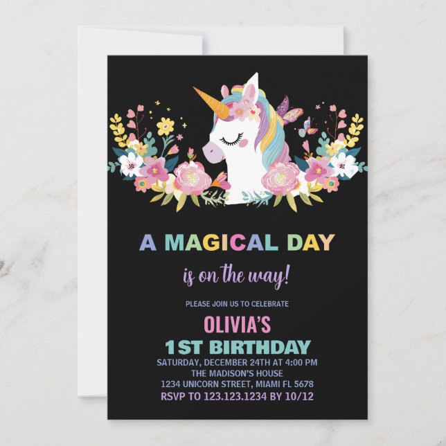 Unicorne florale Invitations d'anniversaire (Devant)