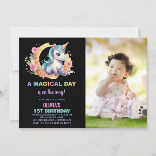 Unicorne florale Invitations d'anniversaire avec p