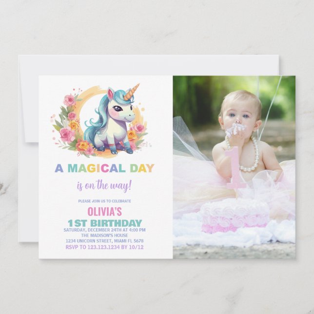 Unicorne florale Invitations d'anniversaire avec p (Devant)