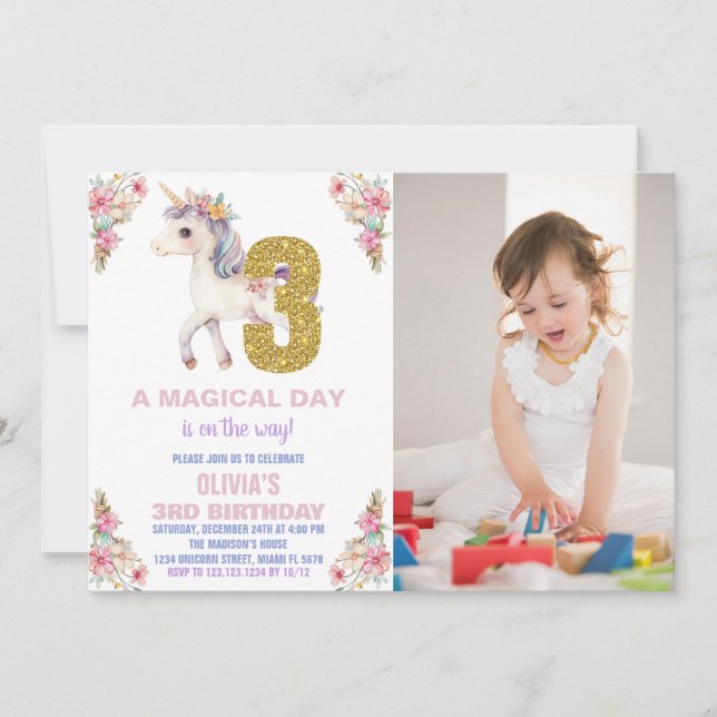 Unicorne florale Invitations d'anniversaire avec p (Devant)