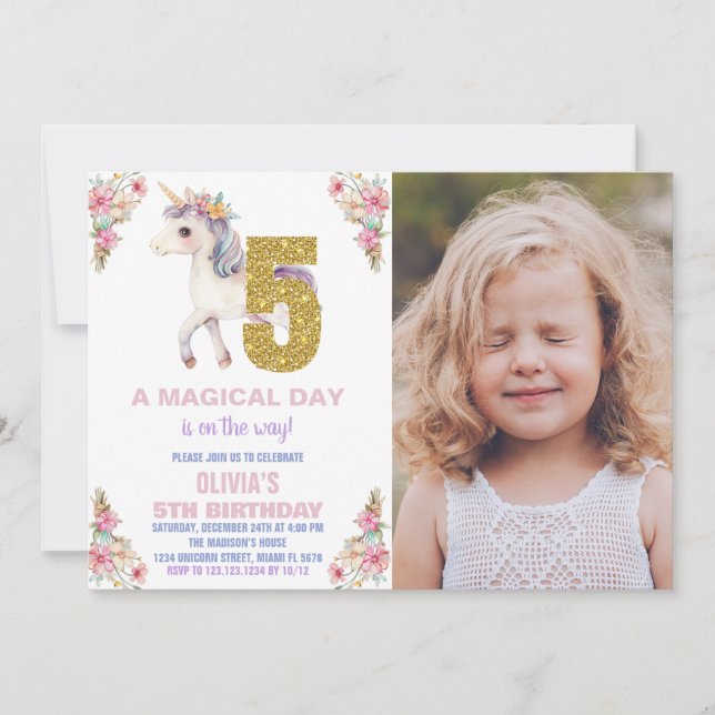 Unicorne florale Invitations d'anniversaire avec p (Devant)