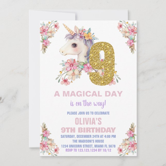 Unicorne florale Invitations d'anniversaire Partie (Devant)