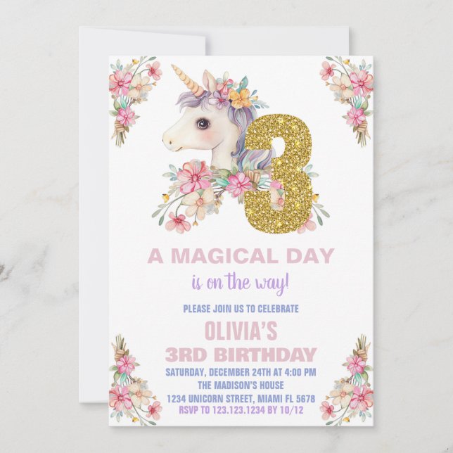 Unicorne florale Invitations d'anniversaire Partie (Devant)