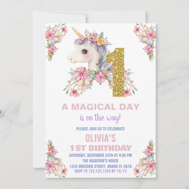 Unicorne florale Invitations d'anniversaire Partie (Devant)