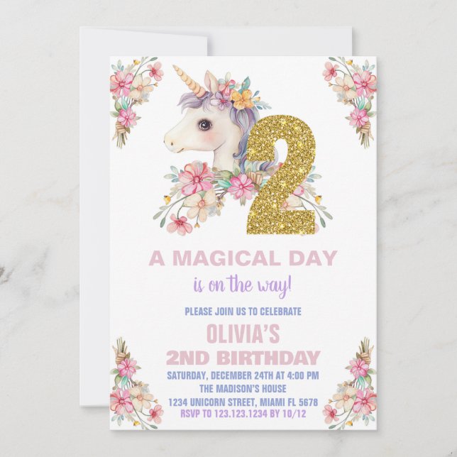 Unicorne florale Invitations d'anniversaire Partie (Devant)
