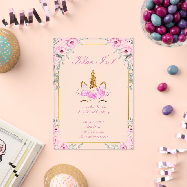 Unicorne florale rose fille invitation anniversair (Insitu (Célébration))