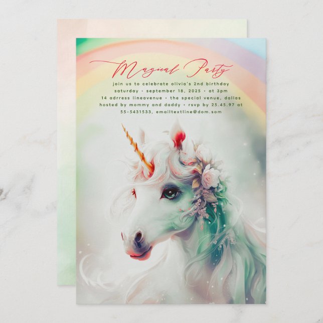 Unicorne florale verte et rose Invitations d'anniv (Devant / Derrière)
