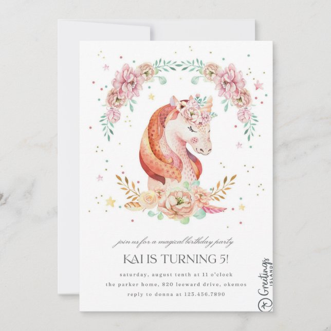 Unicorne Invitation anniversaire 5 ans (Devant)