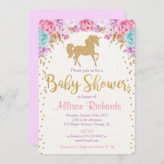 Unicorne invitation baby shower rose et or (Devant / Derrière)