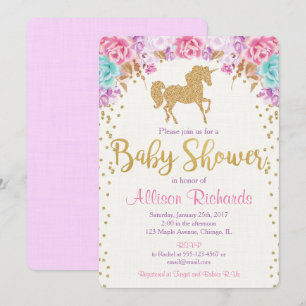 Unicorne invitation baby shower rose et or