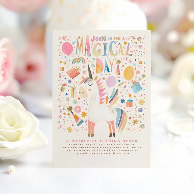 Unicorne Invitations Anniversaire Moderne Pastel (Magical Unicorn Modern Birthday Invitation)