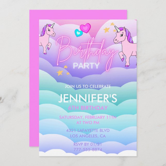 Unicorne Invitations de 6ème anniversaire Purple P (Devant / Derrière)