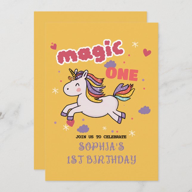 Unicorne magique 1er anniversaire Invitation (Devant / Derrière)