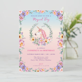 Unicorne magique florale Invitation d'anniversaire