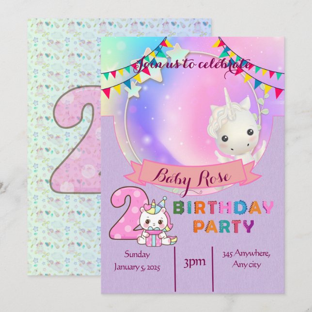 Unicorne magique - Invitation à la fête d'annivers (Devant / Derrière)