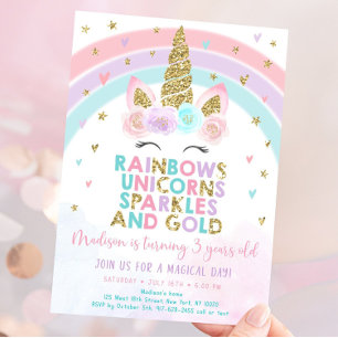 Unicorne modifiable Arc en ciel Invitation Anniver