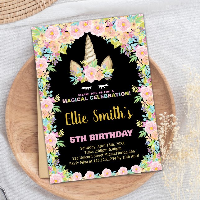 Unicorne noire florale Invitations d'anniversaire (Floral Black Unicorn Birthday Invitations)