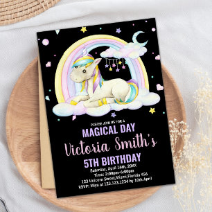 Unicorne noire florale jaune Invitations d'anniver