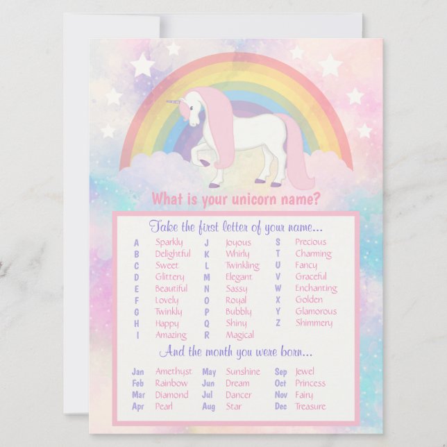 Unicorne Nom Jeu Anniversaire & Baby shower (Devant)