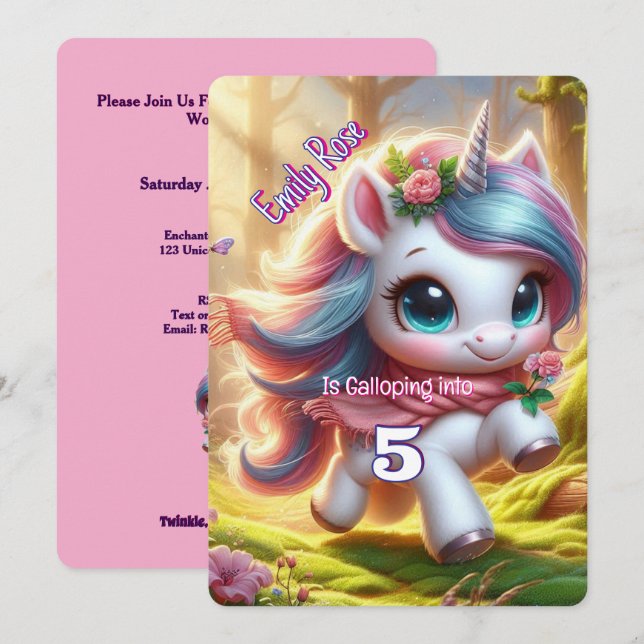 Unicorne personnalisée Invitations d'anniversaire (Devant / Derrière)