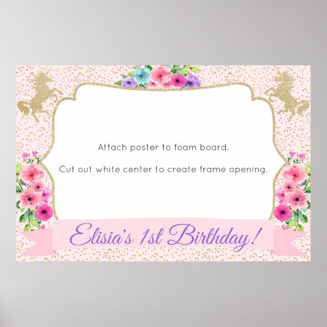 Unicorne Photo Booth Frame Prop Poster Or Floral (Devant)