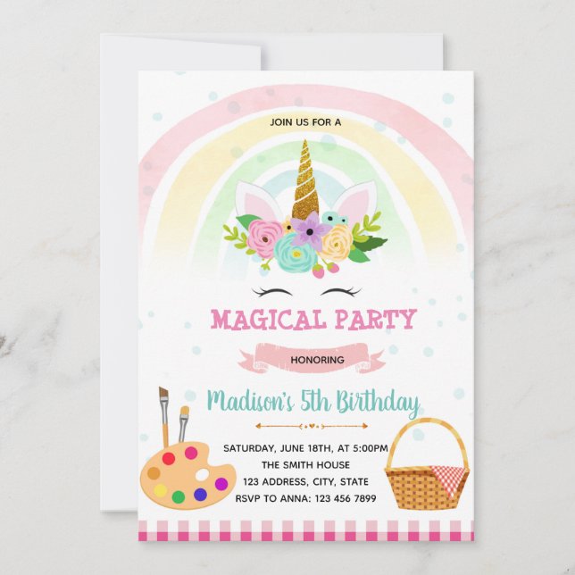 Unicorne pique-nique thème de la fête invitation (Devant)