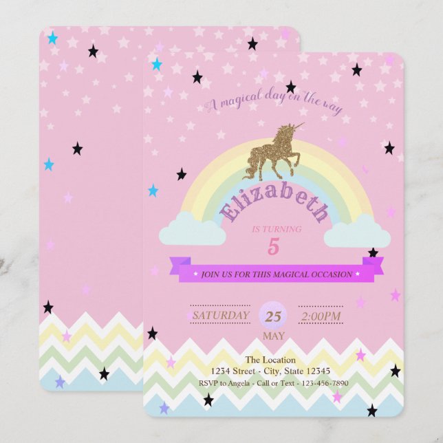 Unicorne, Rainbow Stars, Zigzag Invitation Anniver (Devant / Derrière)