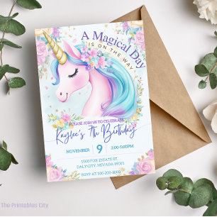 Unicorne rose Anniversaire Or Rainbow Invitation