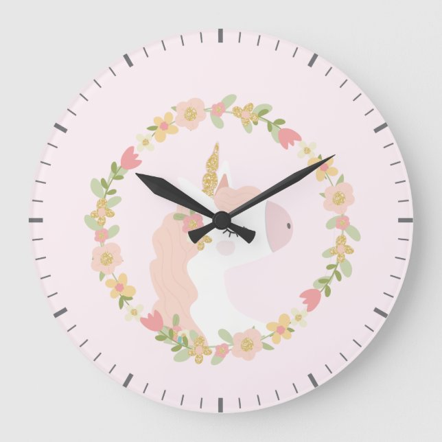 Unicorne rose avec horloge murale de fleurs (Recto)